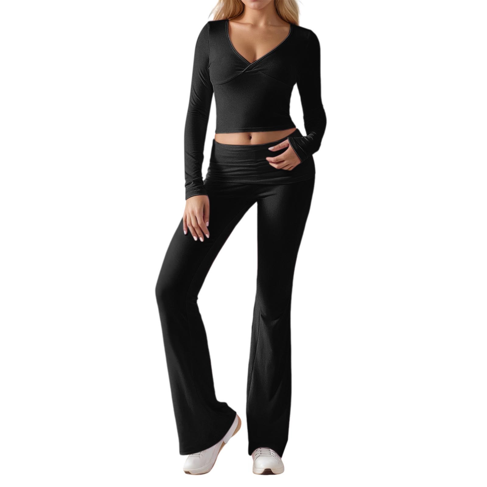 Conjunto de entrenamiento de 2 piezas para mujer: top corto de manga larga y pantalones de yoga con vuelta, conjunto de fitness a juego